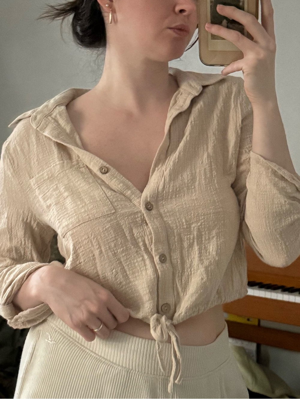 Timing Beige Textured Button-Front Drawstring Shirt - Picture 4 of 6